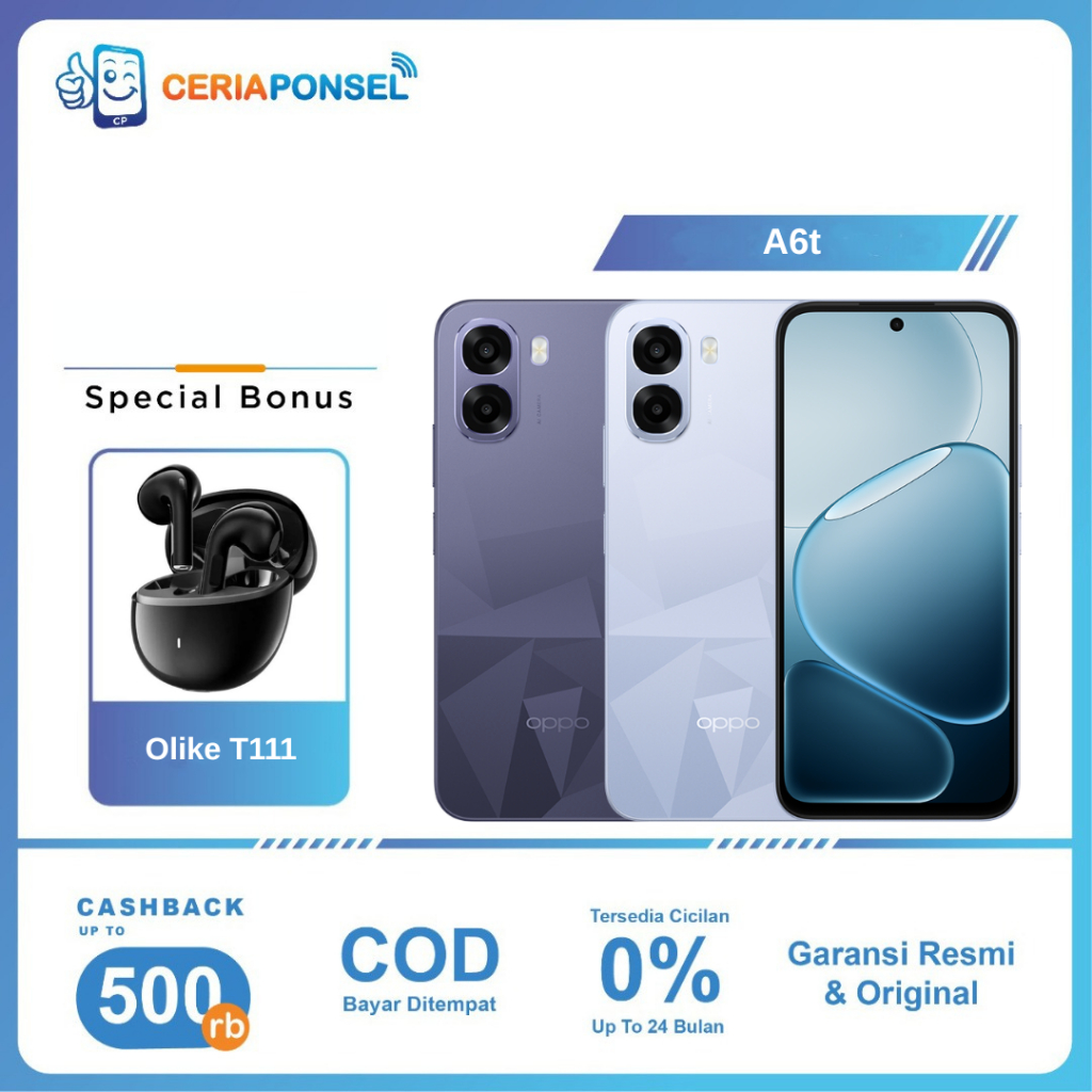 Jual OPPO A6t 4/64GB, 4/128GB, & 6/128GB Mediatek Dimensity 6300 50MP 6500mAh 45W | Garansi Resmi OPPO Indonesia 1 Tahun | Shopee Indonesia