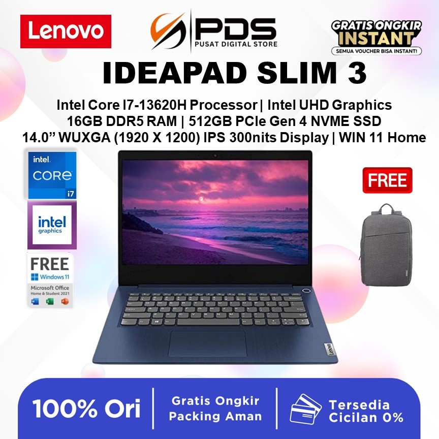 LENOVO IdeaPad Slim 3 Intel Core I7 13620H RAM 16GB SSD 512GB 14" WUXGA IPS WINDOWS 11+OHS 2024 2Y - Garansi Resmi
