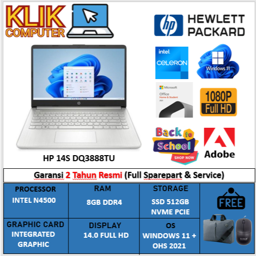 LAPTOP HP 14S DQ3888TU INTEL N4500 8GB 512GB 14.0 FHD BL WIN11HOME + OHS SILVER