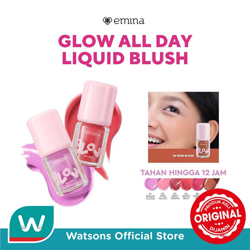 Emina Glow All Day Liquid Blush 06 Nude Bloom 2.5g - Blush On Cair Natural Glow, Ringan Mudah Dibaurkan, Smooth Blurring Effect Samarkan Pori, Long Lasting 12 Jam Transferproof Water Resistant, Diperkaya Ectoin, Vitamin E & Botanical Blend