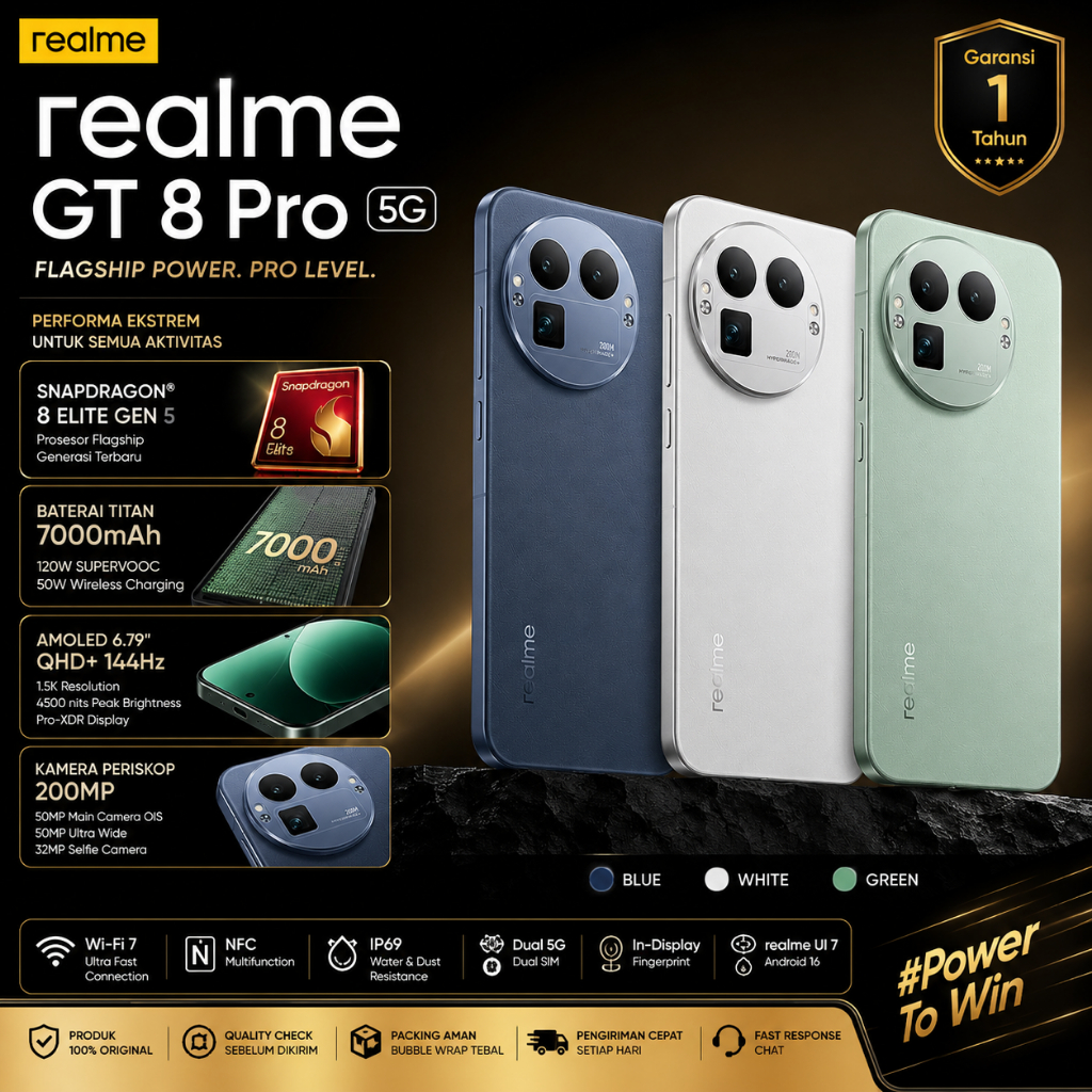 Jual Realme GT 8 Pro 5G | Snapdragon 8 Elite Gen 5 | AMOLED 6.79" 144Hz | 7000mAh | 120W SuperVOOC | NFC | Original | Shopee Indonesia