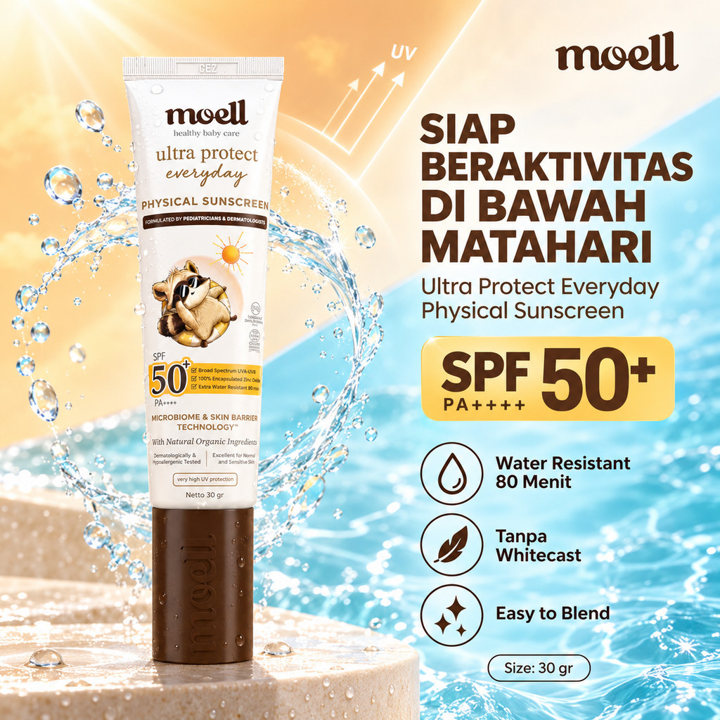 Moell Sunscreen Anak 30gr Ultra Protect Everyday Physical Sunscreen SPF 50+ PA++++ Sunscreen Bayi Broad Spectrum Optimal Lindungi dari Sinar UVA dan UVB Halal Terdaftar BPOM