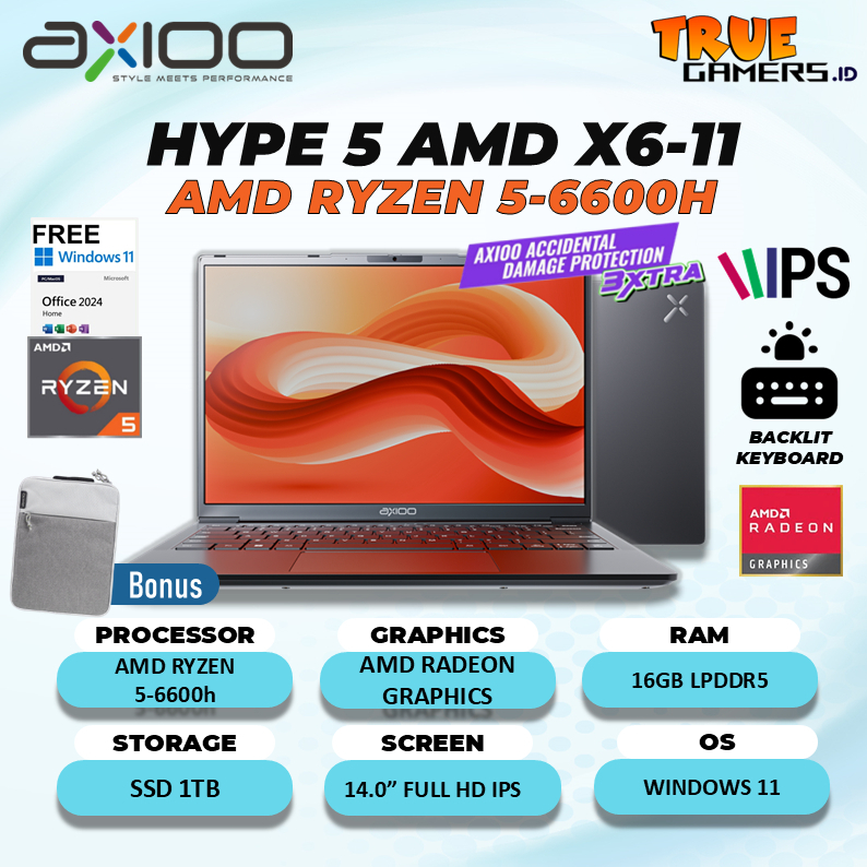 Laptop Axioo Hype 5 AMD X6-11 Ryzen 5-6600H RAM 16GB SSD 1TB Windows 11+Office Home 14.0" Inch WUXGA IPS