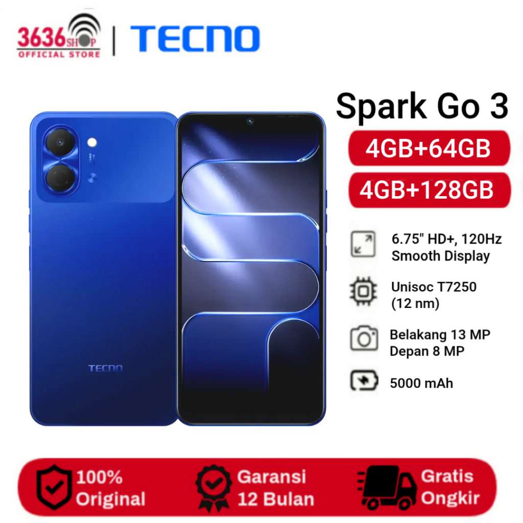 Tecno Spark GO 3 [4GB+64GB] [4GB+128GB] IP64, 6.75" HD+, 120Hz Smooth Display - 5000mAh 15W Charging - Garansi Resmi 1 Tahun