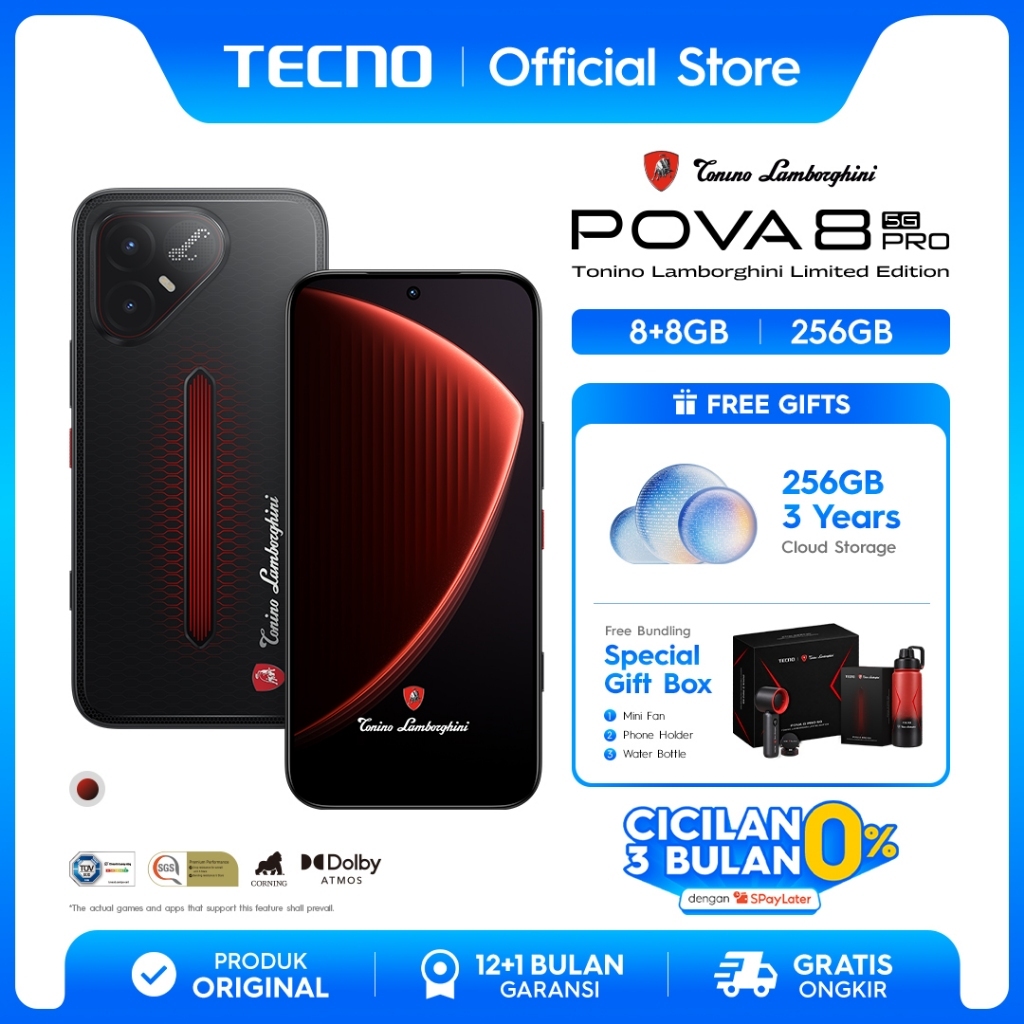 Jual TECNO POVA 8 PRO 5G 8+8GB*/256GB TONINO LAMBORGHINI LIMITED EDITION, Dual Gaming Chipset Mediatek D7400 Ultimate 5G + P1 Graphic Chip up to 144 FPS, IP69K, Android 16 - HiOS 16 - POVA8PRO | Shopee Indonesia