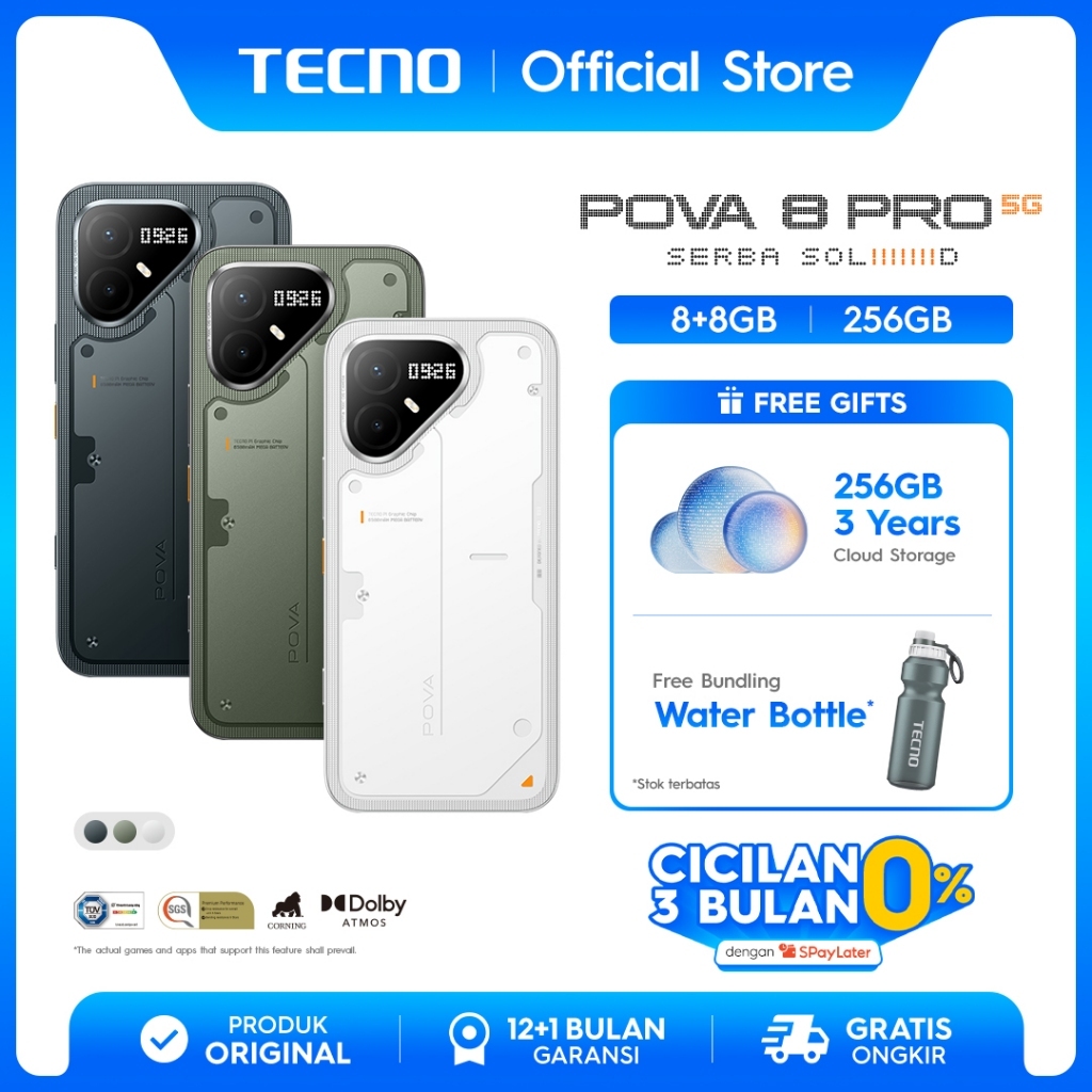 Jual TECNO POVA 8 PRO 5G 8+8GB*/256GB, Dual Gaming Chipset Mediatek D7400 Ultimate 5G + P1 Graphic Chip up to 144 FPS, 50MP Sony’s LYT 700C Main Camera with OIS, 8MP Ultra Wide, 1.5K 144Hz HyperLux AMOLED Display, IP69K, Android 16 - HiOS 16 - POVA8PRO |
