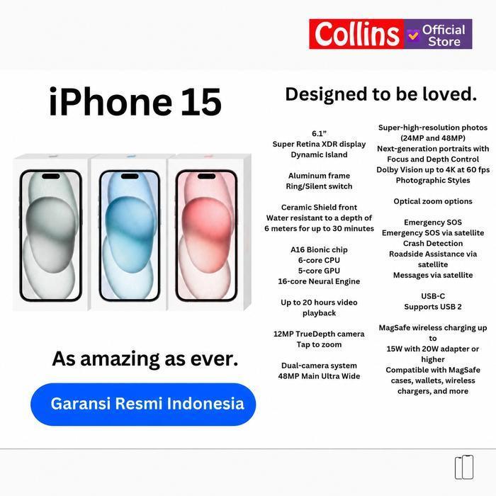 [Collins X K] Apple Iphone 15 128Gb 256Gb 512Gb A16 Bionic Cpu 6C / Gpu 5C Garansi Resmi Apple Indonesia Original Dan Terpercaya