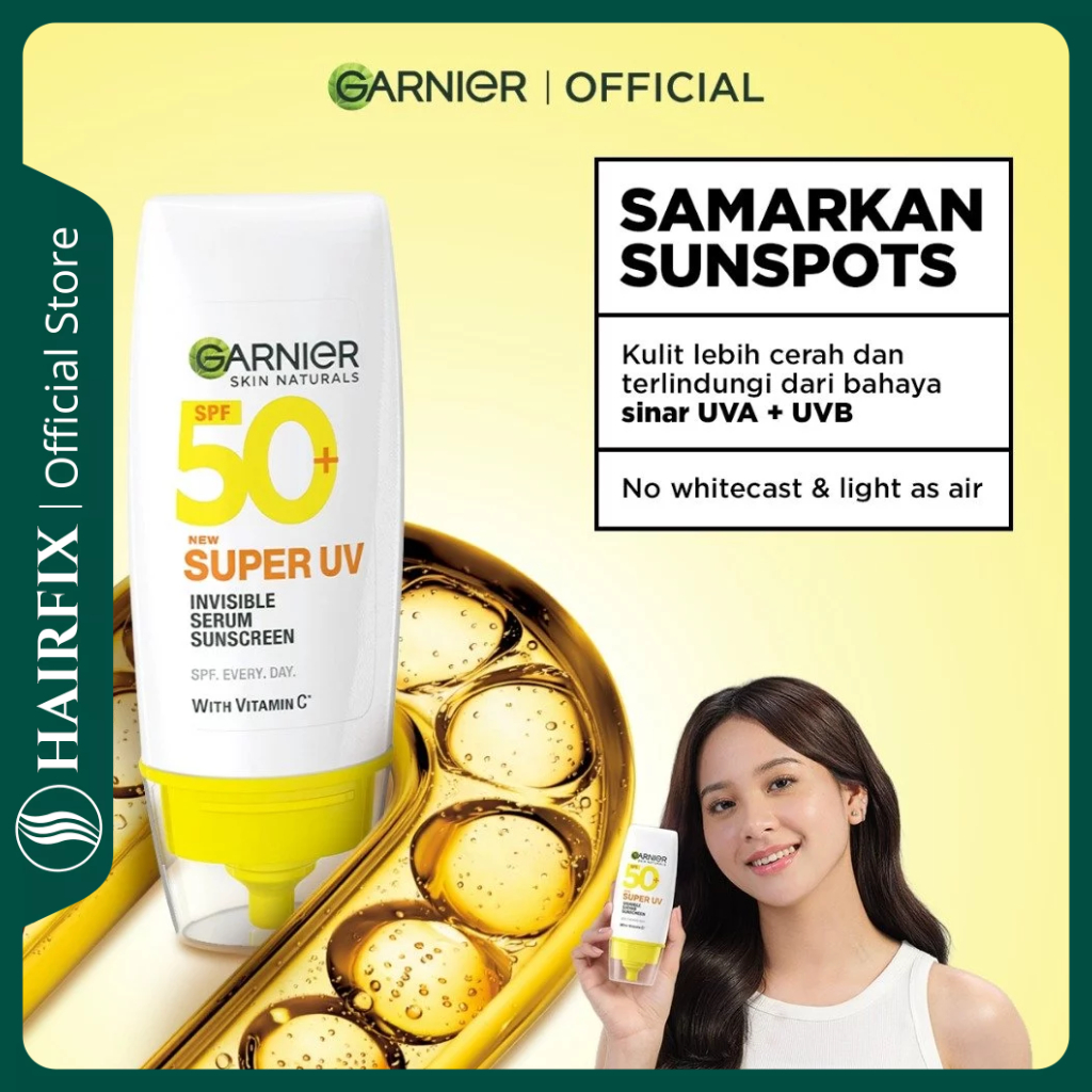 (BPOM) GARNIER Super UV Invisible Serum Sunscreen SPF 50+ PA++++ Vitamin C 30ml – Sunscreen Wajah Ringan, No White Cast & Brightening
