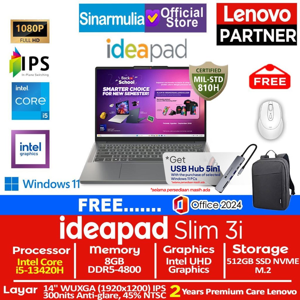 Lenovo Ideapad Slim 3i i5-13420H 512GB SSD 8GB WUXGA IPS Win11+OHS
