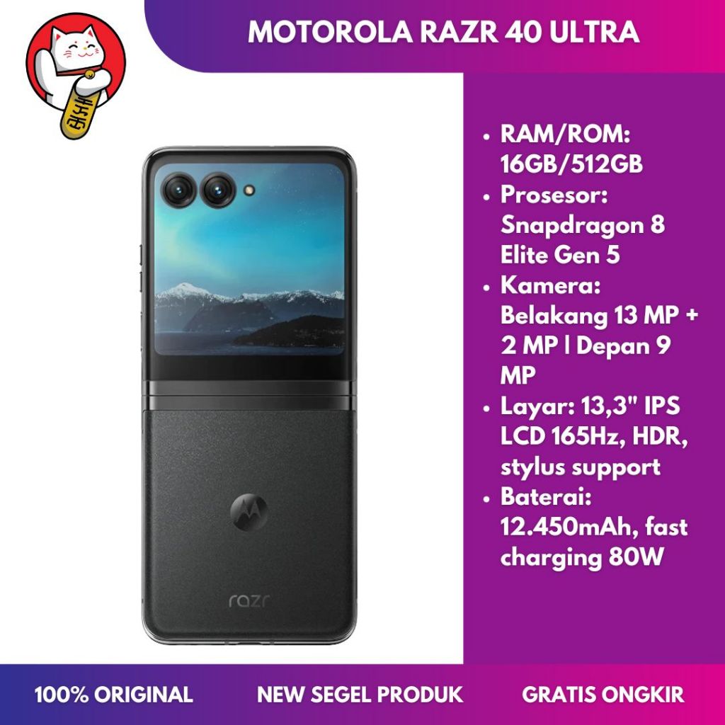MOTOROLA RAZR 40 ULTRA 5G RAM 12GB ROM 512GB Baterai 3800mAh Fast Charge 30W Layar AMOLED 6.9” 144Hz NFC Fingerprint