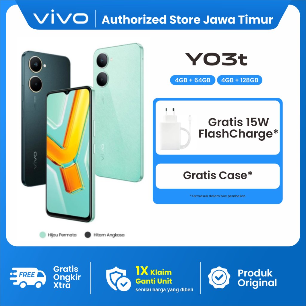 Jual vivo Y03T 4GB/64GB 4GB/128GB Garansi Resmi I Tahan Air IP54 I 5000mAh I AI Dual Camera I 15W FlashCharge, Layar Sunlight 90Hz | Shopee Indonesia