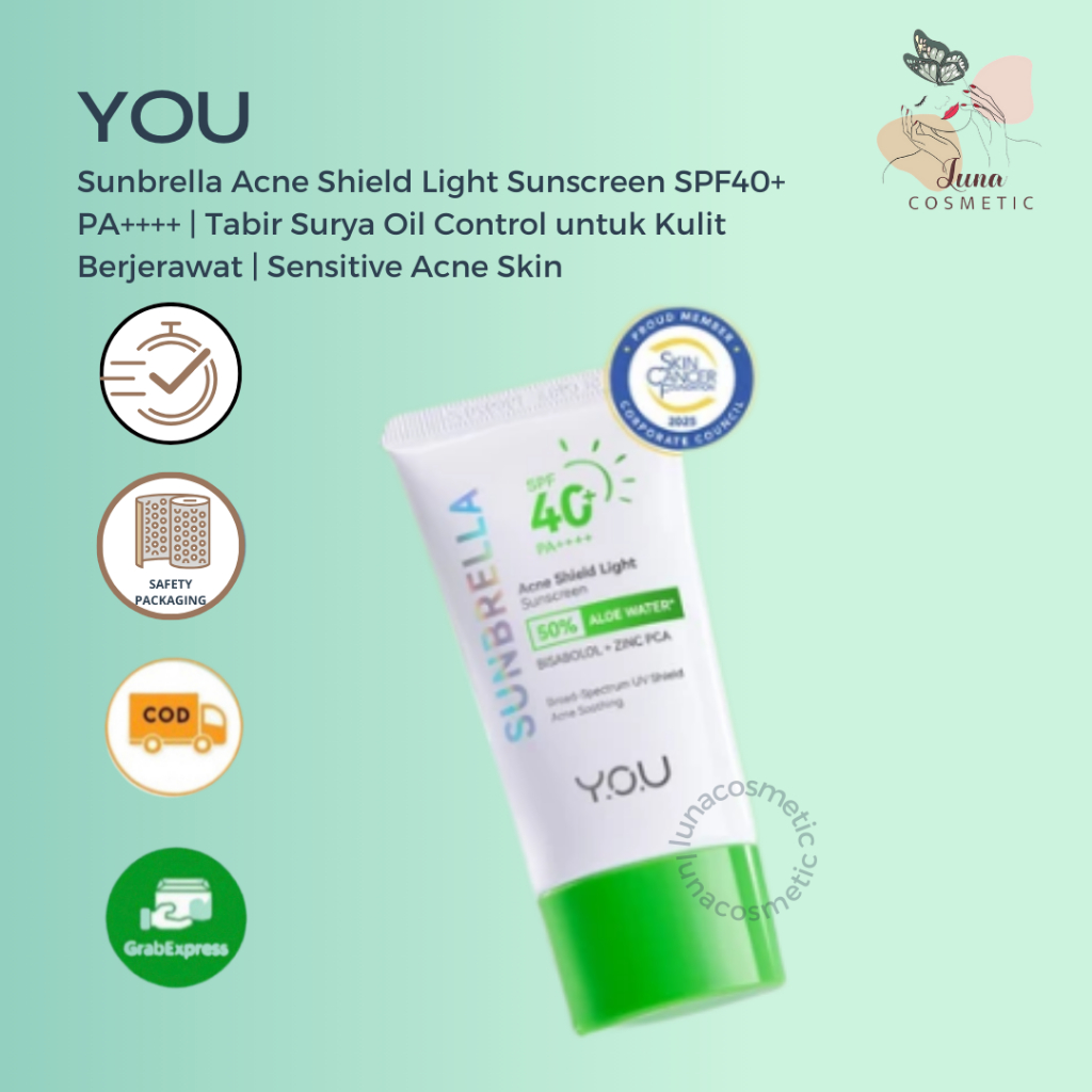 [NEW] YOU Sunbrella Acne Shield Light Sunscreen SPF40+ PA++++ | Tabir Surya Oil Control untuk Kulit Berjerawat | Sensitive Acne Skin