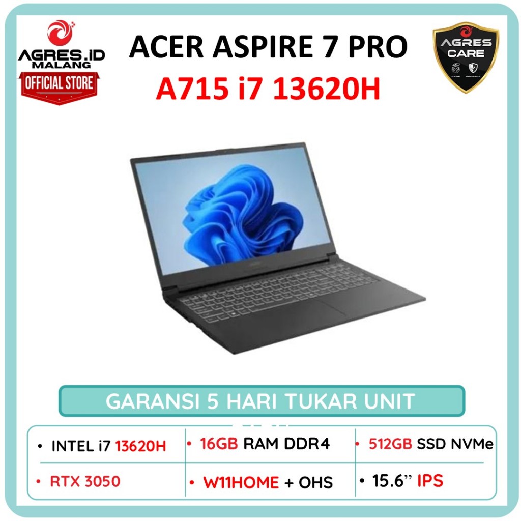 ACER ASPIRE 7 PRO A715 i7 13620H RTX3050 6GB/ 16GB 512GB W11+OHS+M365B 15" FHD 144HZ