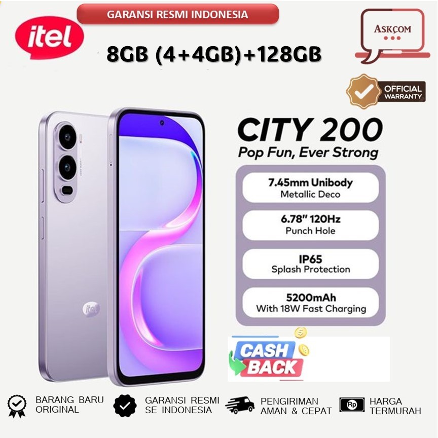ITEL CITY 200 8GB (4+4GB)+128GB 6.78" 120Hz 50MP Kamera NFC Garansi Resmi