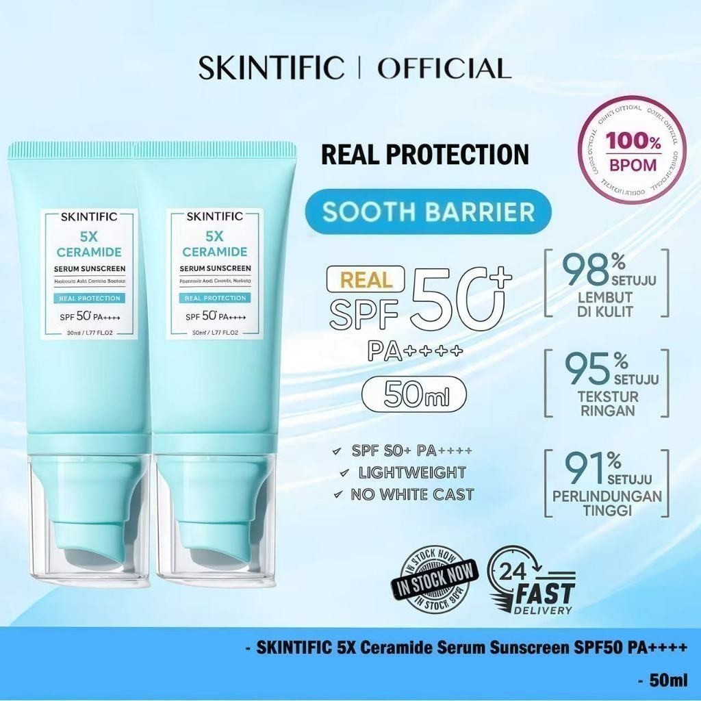 SKINTIFIC 5X Ceramide Serum Sunscreen SPF 50+ PA++++ 50ml | Tabir Surya dengan 5X Ceramide (Anti UV, Memperbaiki Skin Barrier, Melembabkan, Formula Ringan, Cepat Menyerap)