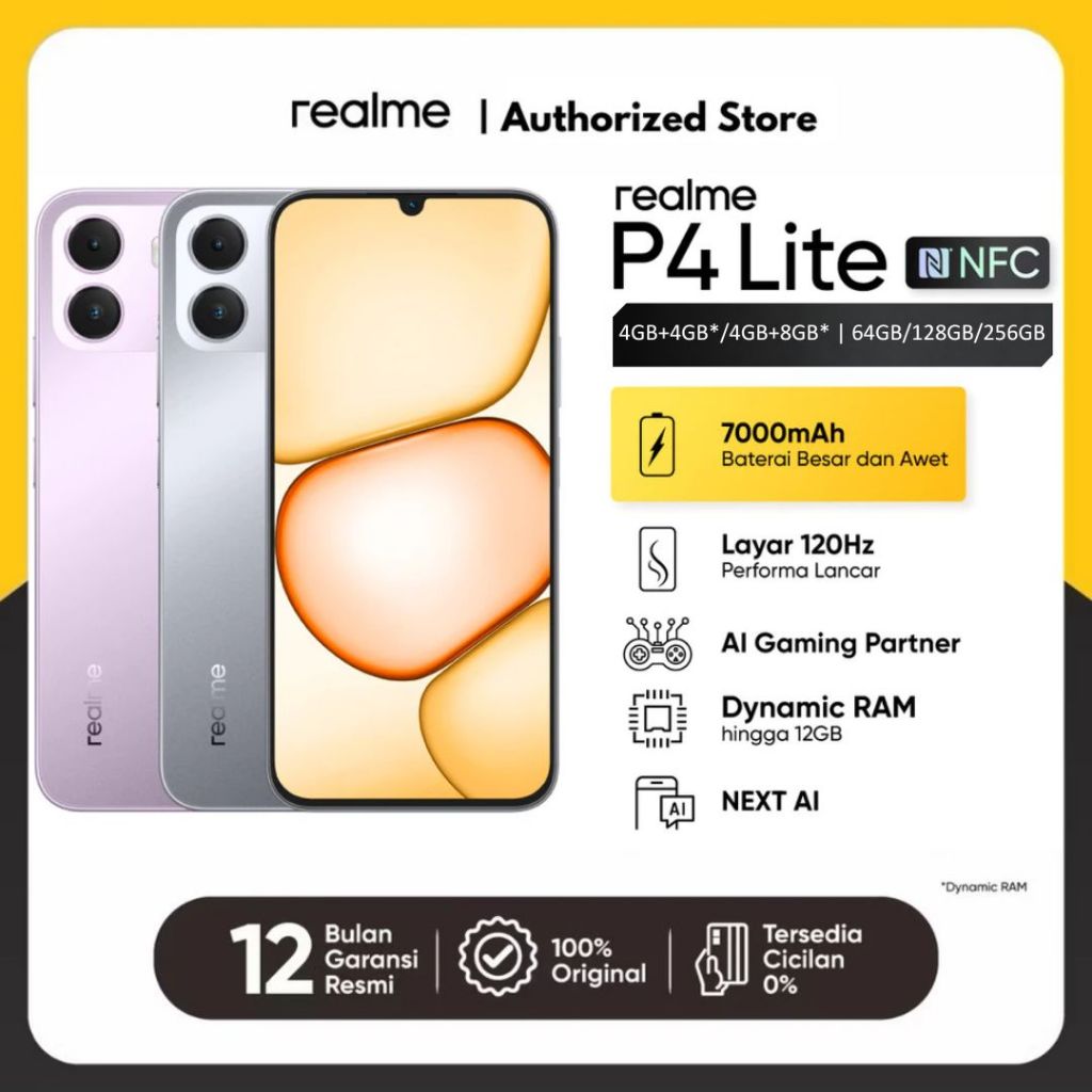 realme P4 Lite 4GB+8GB*|64/128GB (7000mAh Baterai Lebih Awet | Layar 120Hz Performa Lancar | AI Gaming Partner | Next AI)