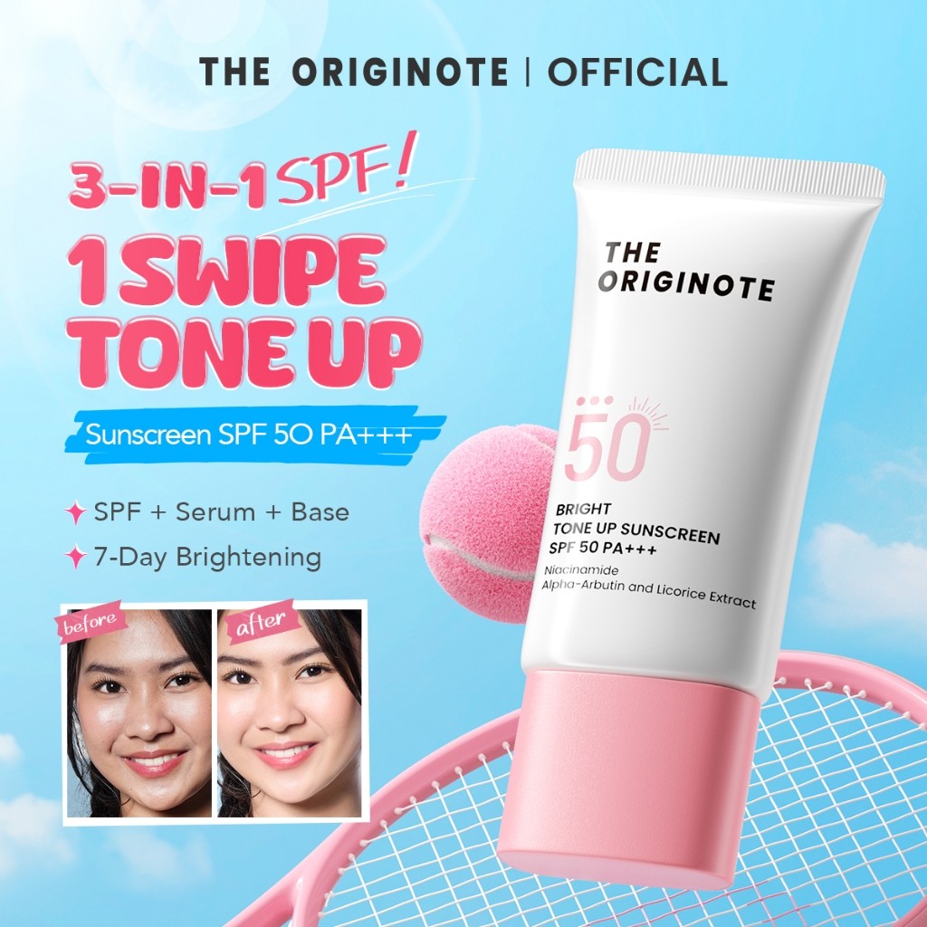 CODThe Originote Bright Tone Up Sunscreen SPF 50 PA+++ 25ml - Sunscreen Wajah Tone Up Mencerahkan Kulit | UV Protection | Sunscreen Ringan Tidak Lengket | Bikin Kulit Cerah & Glowing Daily Use | Efek Glow Tahan Lama | Anti Sinar Matahari