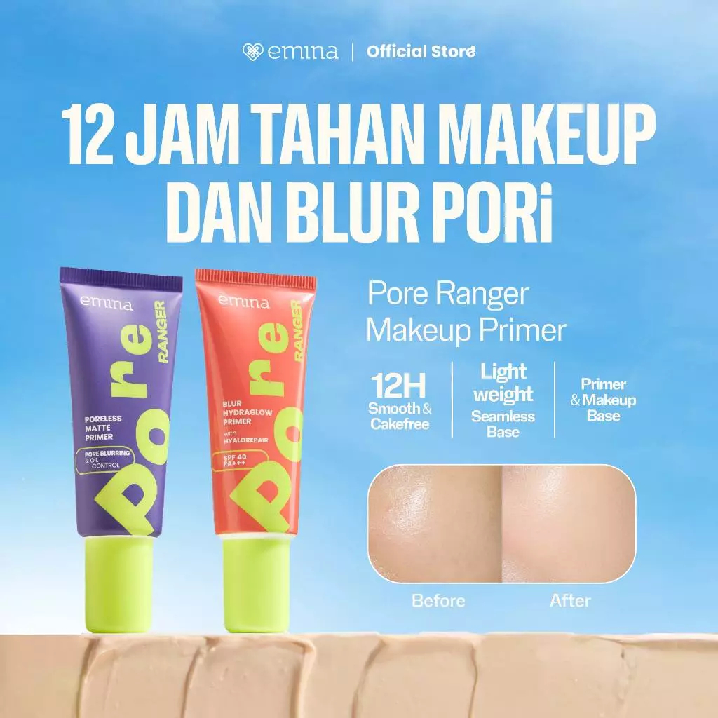 Emina Pore Ranger Total Poreless Primer & Blur Hydraglow Primer 20 ml - Makeup Longlasting 8-12 jam, Matte/Glow Finish, Smooth