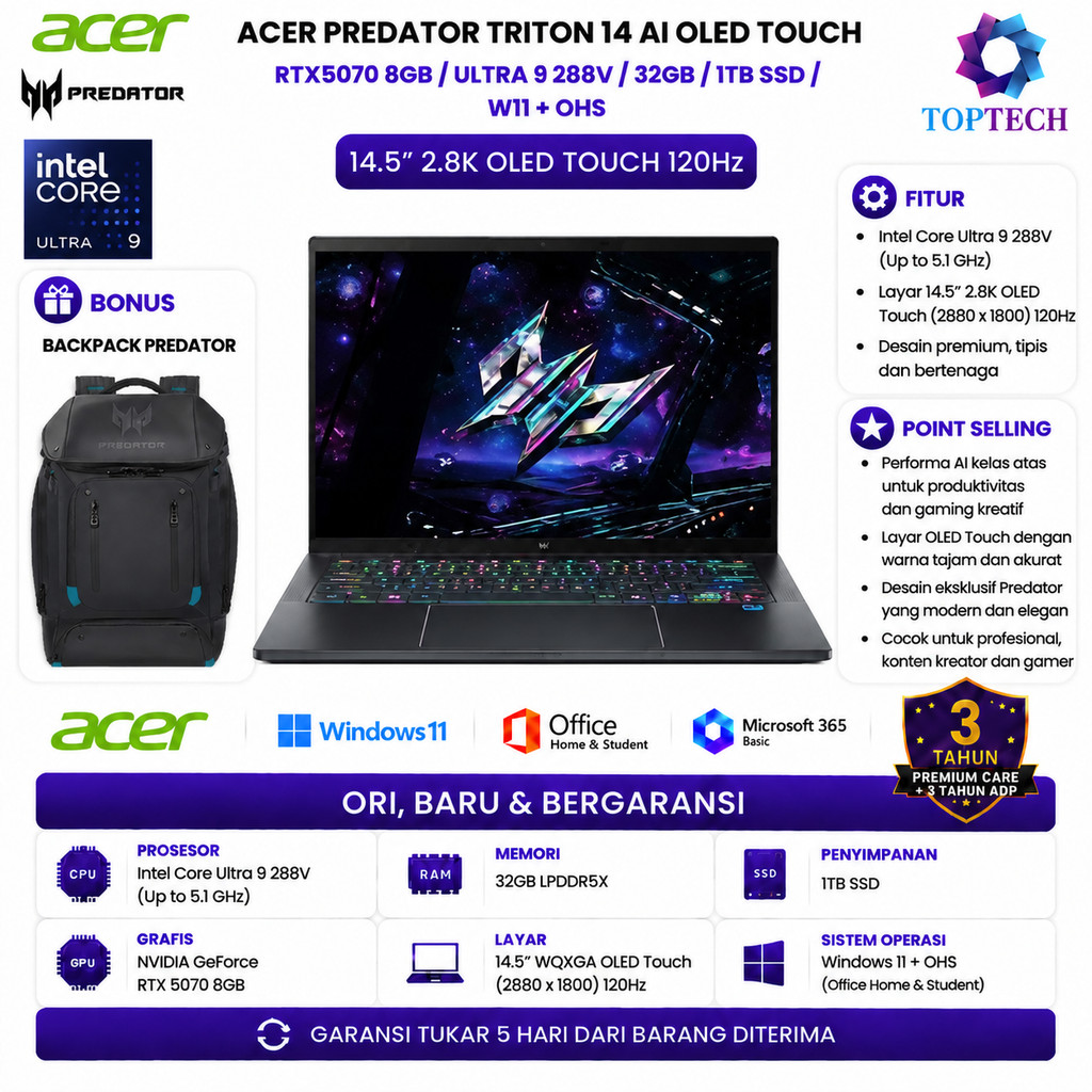 Jual ACER PREDATOR TRITON 14 AI OLED TOUCH RTX5070 8GB ULTRA 9 288V 32GB 1TB SSD W11+OHS 14.5 2.8K 120HZ | Shopee Indonesia
