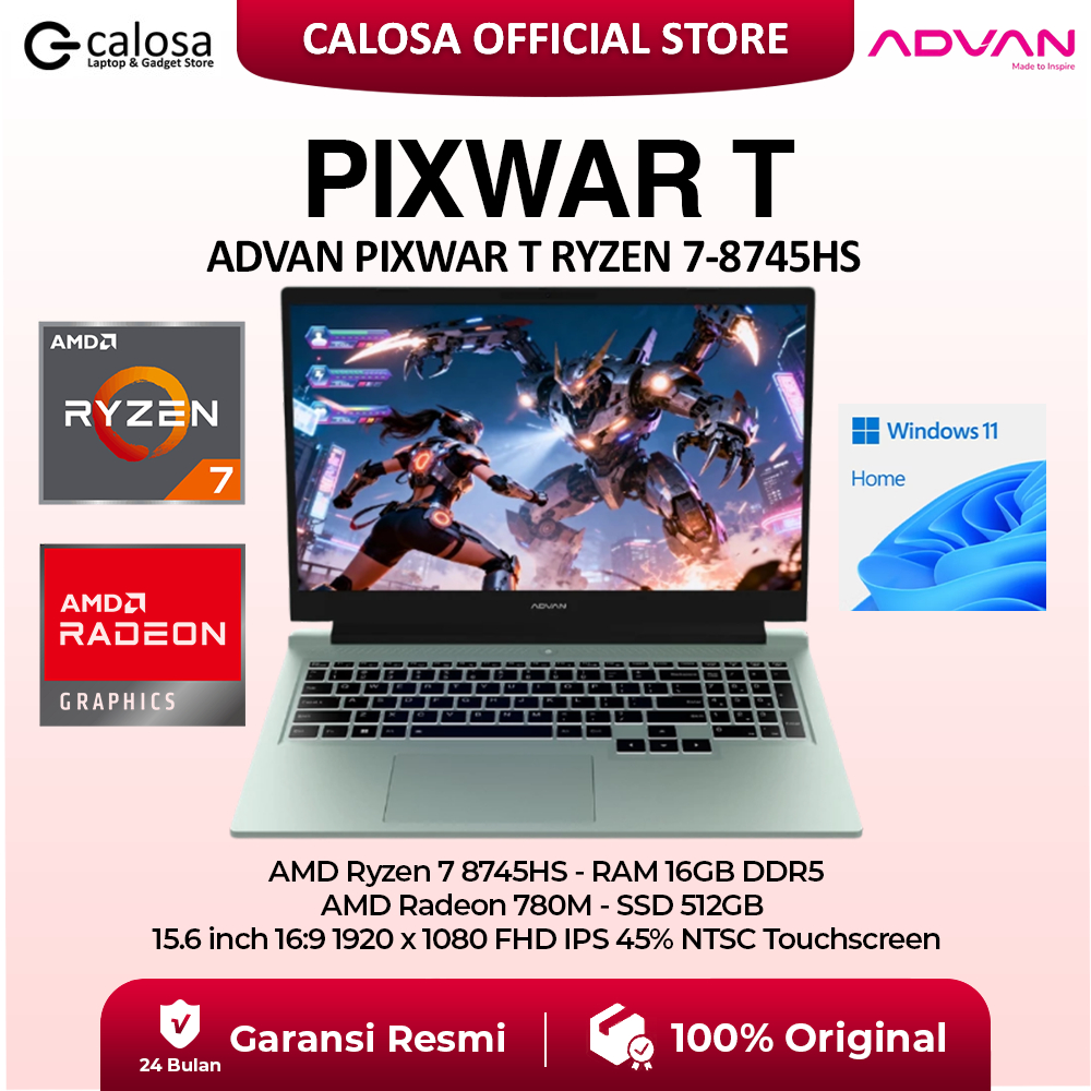 ADVAN Pixwar Touchscreen Laptop Gaming AMD Ryzen 7 8745HS RAM 16GB SSD 512GB 15,6 inch FHD 58Wh WiFi 6 Dual Cooling Fan Lightweight Sleek Design