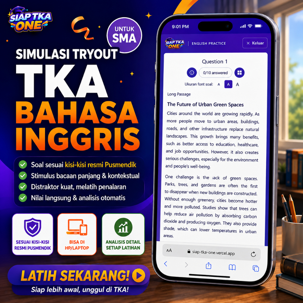 Jual Paket Soal TKA 2026 Bahasa Inggris SMA MA | Latihan & Tryout TKA Online | Sesuai Kisi-Kisi Resmi | Dikerjakan langsung di HP/Laptop | Shopee Indonesia