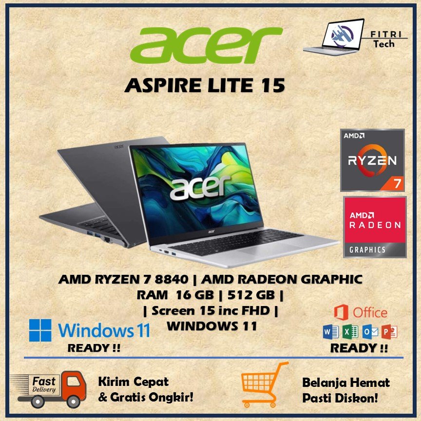 ACER ASPIRE LITE 15 AL15 AMD RYZEN 7 8840HS RAM 16GB ROM 512GB WINDOWS 11 15.0FHD IPS