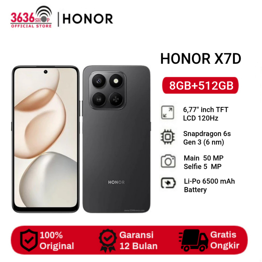 Honor X7D 8GB+512GB - Display 6.77 inches - Snapdragon 6s Gen 3 - Camera 50MP - 6500mAh - Garansi Resmi Honor Indonesia 1 Tahun