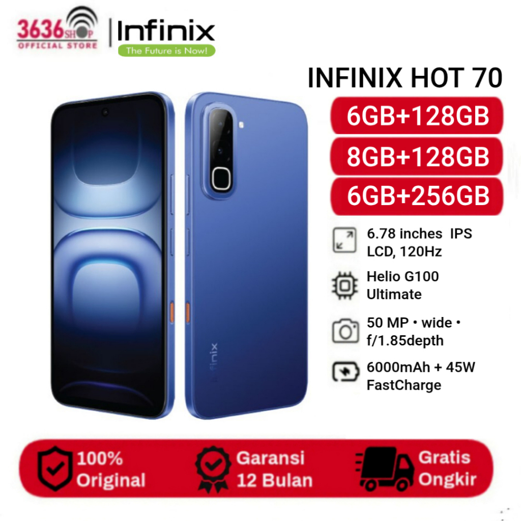 Infinix Hot 70 [6GB+128GB] [6GB+256GB] [8GB+128GB] - Display Type 6.78 inches - Helio G100 Ultimate - Camera 50MP - 6000mAh + 45W Fast Charge - Garansi resmi 1 Tahun