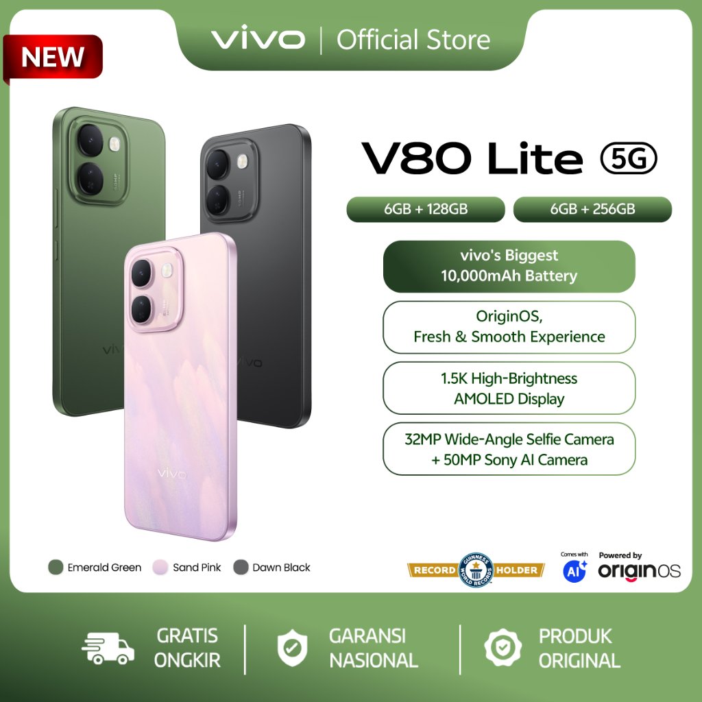 Jual [NEW LAUNCH] vivo V80 Lite 5G (6+128 and 6+256), 10,000mAh Battery, Fresh & Smooth OriginOS, 1.5K High-Brightness AMOLED, 32MP Wide Selfie + 50MP Sony AI Camera | Shopee Indonesia