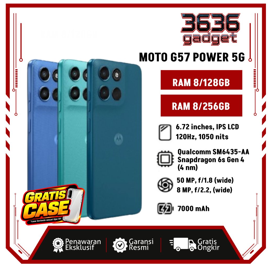 MOTOROLA G57 Power 5G - 8/128 & 8/256GB - Snapdragon6s Gen4 - 7000mAh SiliconCarbon - 50MP Sony Lytia600 - Garansi Resmi