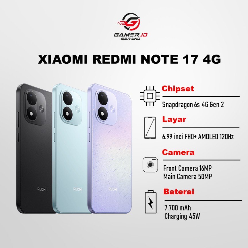 Xiaomi Redmi Note 17 4G RAM 6GB ROM 256GB - Chipset Snapdragon 6s 4G Gen 2 - Layar 6.99 inci FHD+ AMOLED 120Hz - Baterai 7.700 mAh 45W Charge - Garansi Resmi
