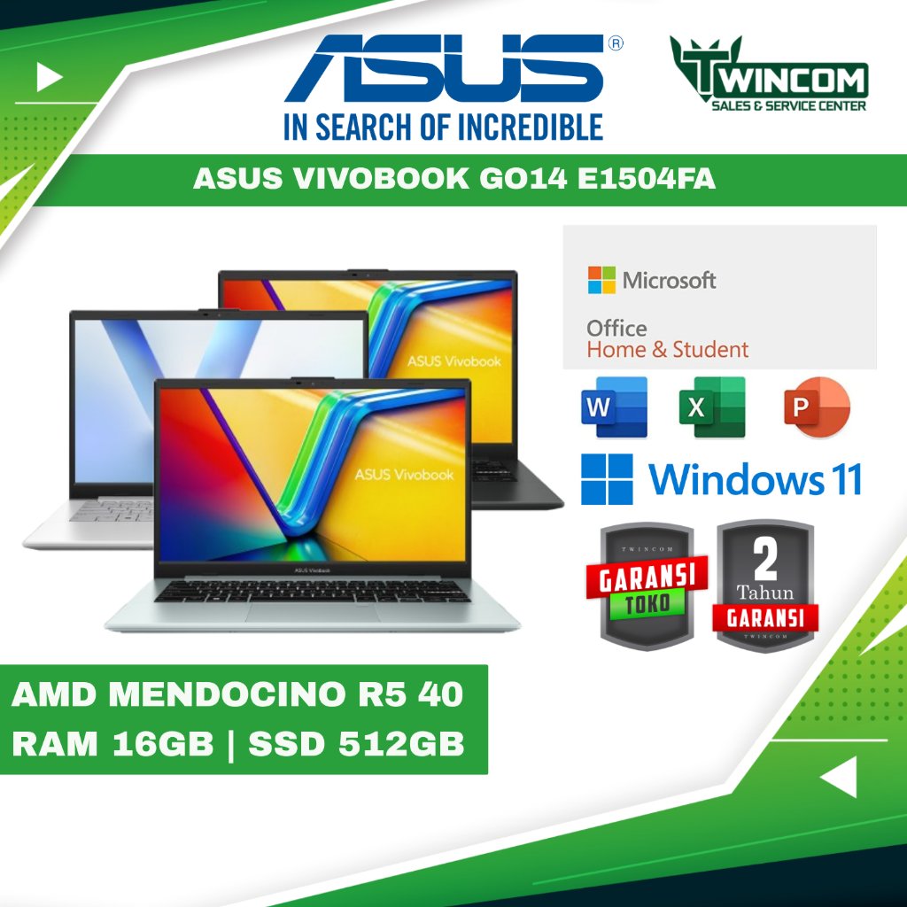 LAPTOP ASUS VIVOBOOK GO14 E1504FA (AMD MENDOCINO R5 40/16GB LPDDR5/512GB SSD M.2 NVME PCIE/AMD RADEON GRAPHICS/15.6 INCH FHD IPS 60HZ/CAMERA/BACKLIT KEYBOARD WHITE/FINGERPRINT/WI-FI 6E/BT 5.3/WIN11+OHS24+M365/RESMI)