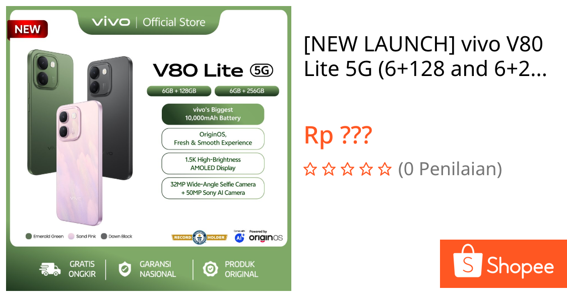 Jual [NEW LAUNCH] vivo V80 Lite 5G (6+128 and 6+256), 10,000mAh Battery, Fresh & Smooth OriginOS, 1.5K High-Brightness AMOLED, 32MP Wide Selfie + 50MP Sony AI Camera | Shopee Indonesia