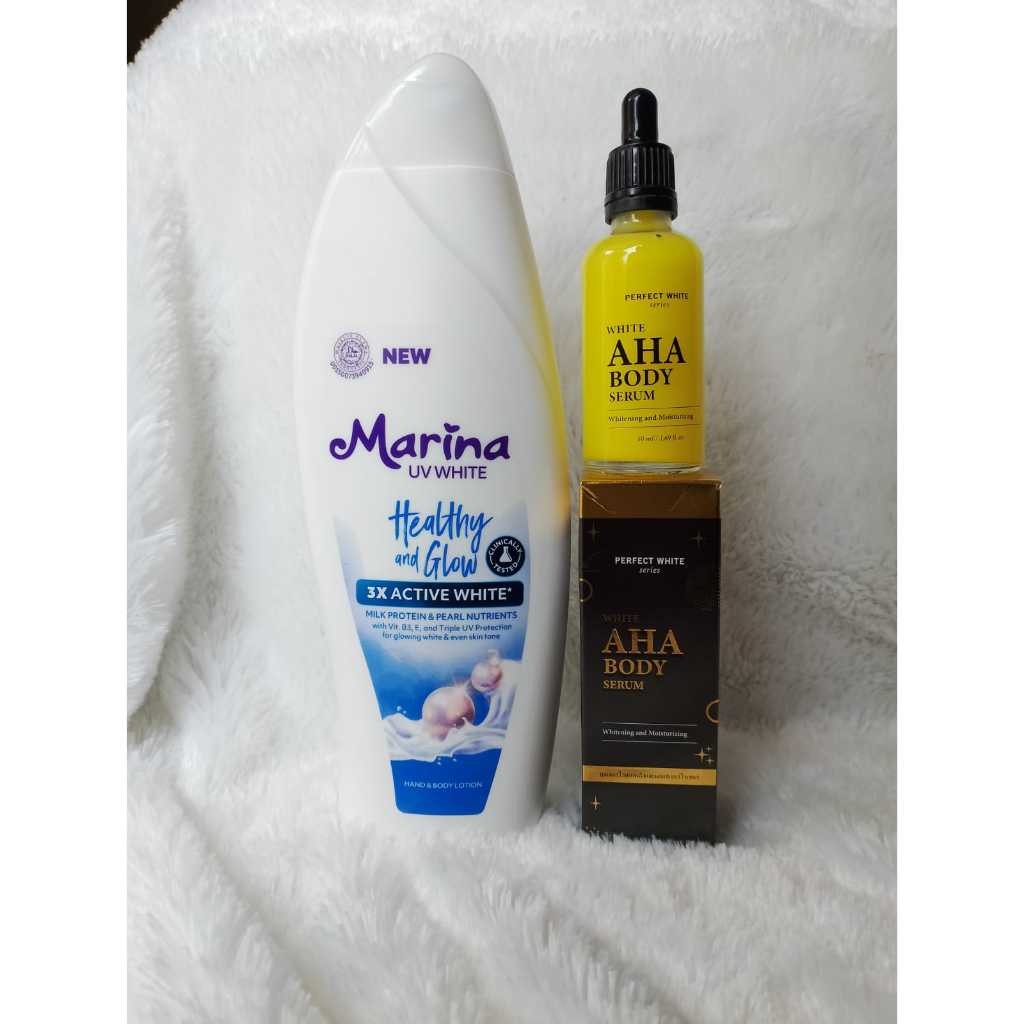 Paket viral tikttok pemutih badan BPOM Marina Uv White HEALTHY & GLOW 460ML & PW AHA body serum 50ML