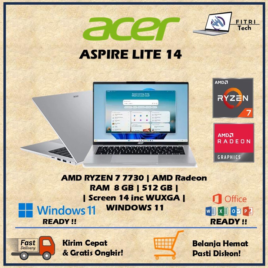 ACER ASPIRE LITE 14 AL14 AMD RYZEN 7 7730 RAM 8GB ROM 512GB WINDOWS 11 14.5 INC WUXGA