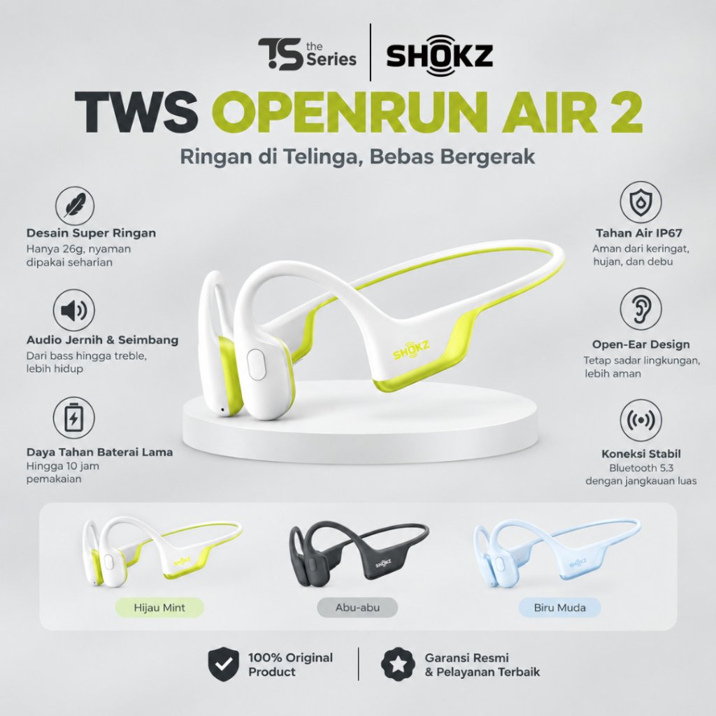 Shokz OpenRun Air 2 Bone Conduction Headset Open Ear Bluetooth IP67 10 Jam Quick Charge Sports Running