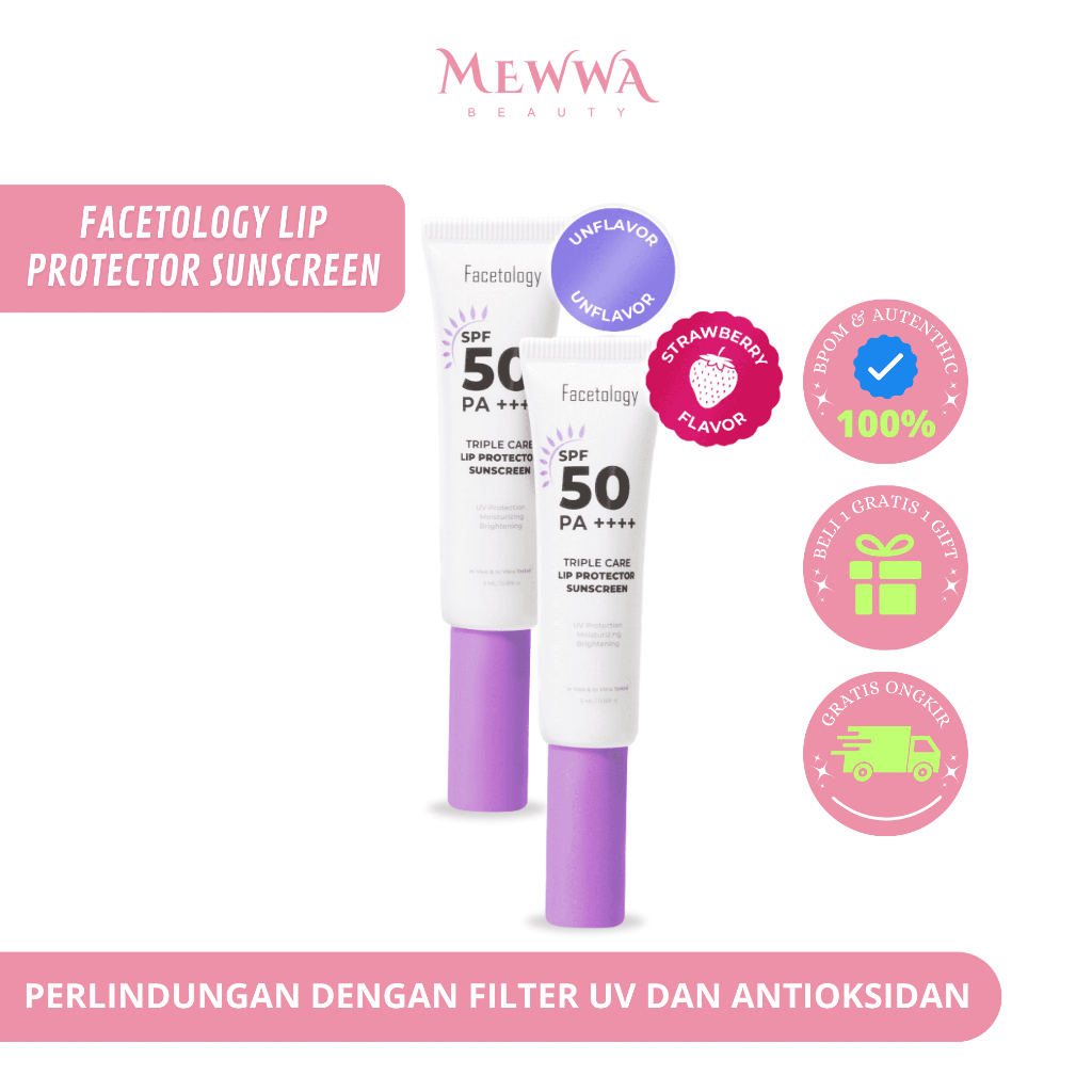 Mewwa Beauty - FACETOLOGY Triple Care Lip Protector Sunscreen (Flavor, Unflavor) 5ml - Melembabkan Dan Melindungi Bibir Dari Sinar UV Original BPOM