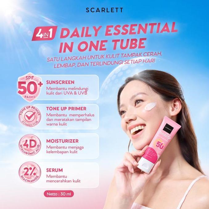 GARABI_SELLER - NEW! SCARLETT TONE UP DAILY SUNSCREEN SPF 50+ PA+++ | SUNSCREEN DENGAN 4IN1 SKIN ESSENTIAL (SERUM, MOISTURIZER, TONE UP PRIMER, SUNSCREEN)