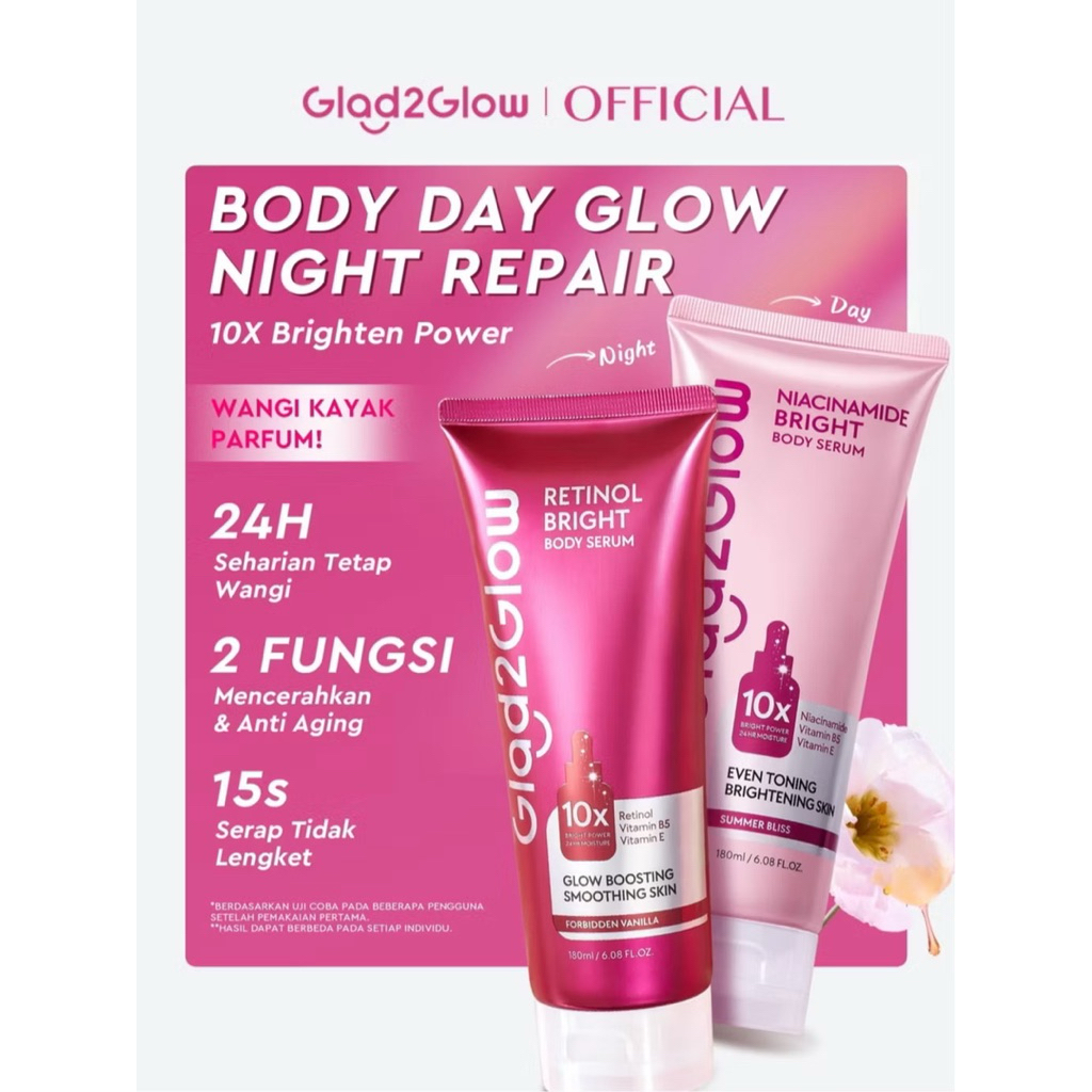 Glad2Glow Retinol/Niacinamide Bright Body Serum Body Lotion 10X Cerah Instant Absorb Whiten Tone Up All Day Bright Glow pemutih badan dengan parfum tahan lama Long Lasting Fragrance Handbody Body Cream Butter G2Glow Official Store