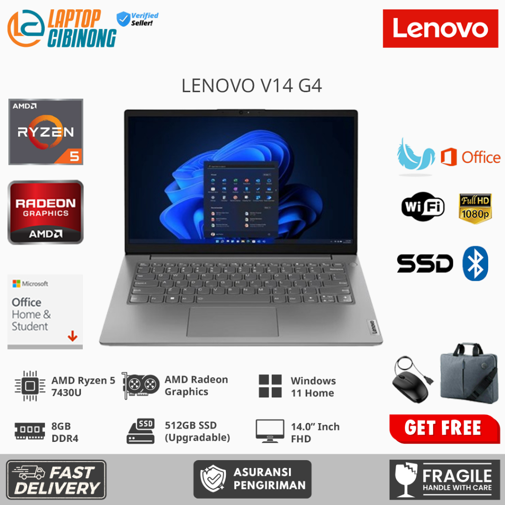Laptop Gaming Lenovo V14 G4 AMD Ryzen 5 7430U 8GB RAM 1TB SSD 14 Inch FHD Windows 11 Grey