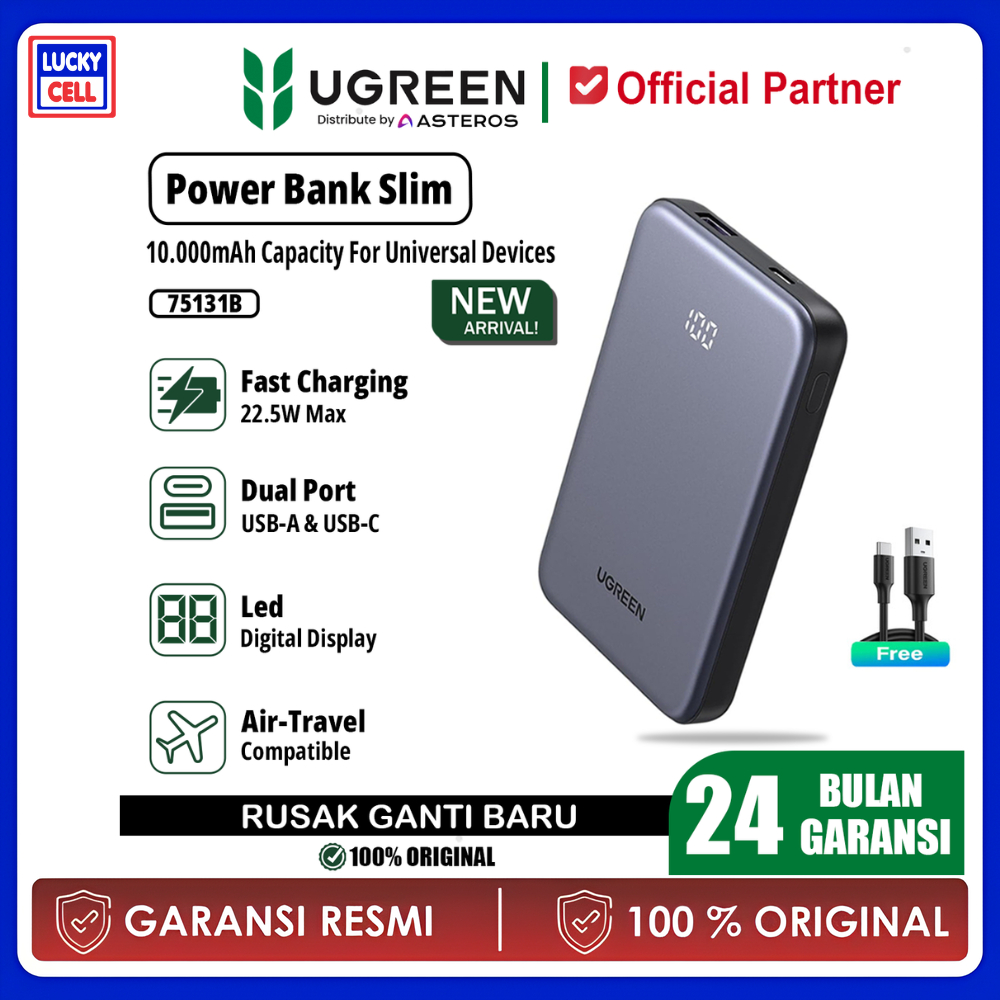 UGREEN 75131B PowerBank Slim 10000mAh 20W Two - Way Fast Charging PD 22.5W Travel Flight Friendly Compact Portable with Digital Display Type-C Ports Dual Port Output USB-C USB-A Quick Charge - Lucky Cell Aksesoris