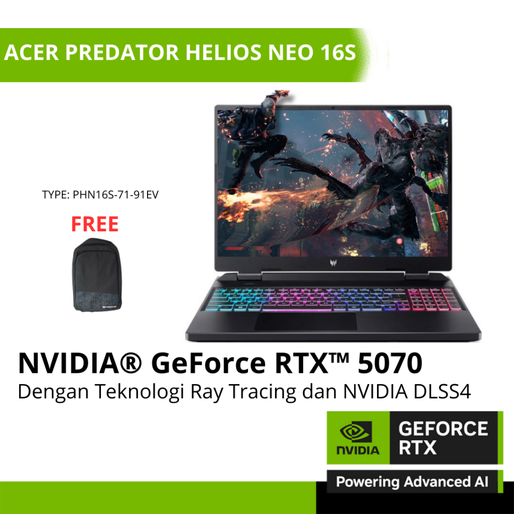 Jual Acer Predator Helios Neo 16S AI OLED GeForce RTX5070 8GB – Intel Ultra 9 275HX RAM 32GB SSD 1TB Windows 11 + Office + M365 Basic Layar 16.0" WQXGA 240Hz 4-Zone RGB Keyboard | Shopee Indonesia