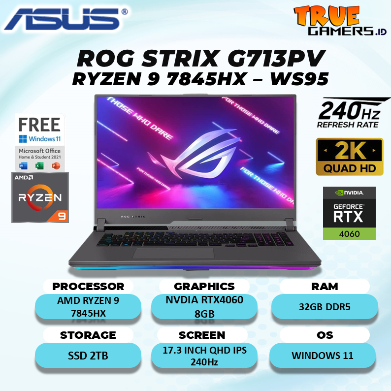 Laptop Gaming Asus ROG Strix G17 G713PV Ryzen 9-7845 RTX4060 8GB/ 32GB 1TB SSD W11+OHS 17.3QHD 240Hz