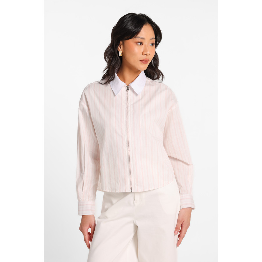 Jual MINIMAL - Opaline - Kemeja Wanita Lengan Panjang Motif Stripes Dengan Kerah Kontras - Pink | Shopee Indonesia