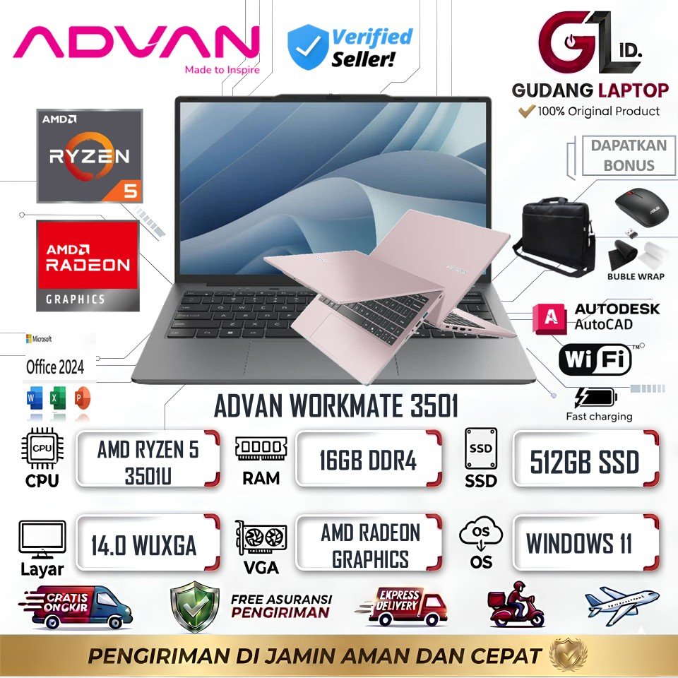 Laptop Advan Workmate 14 Amd Ryzen 5 3501U 16GB 512GB 14 Inch Wuxga Windows 11 Original