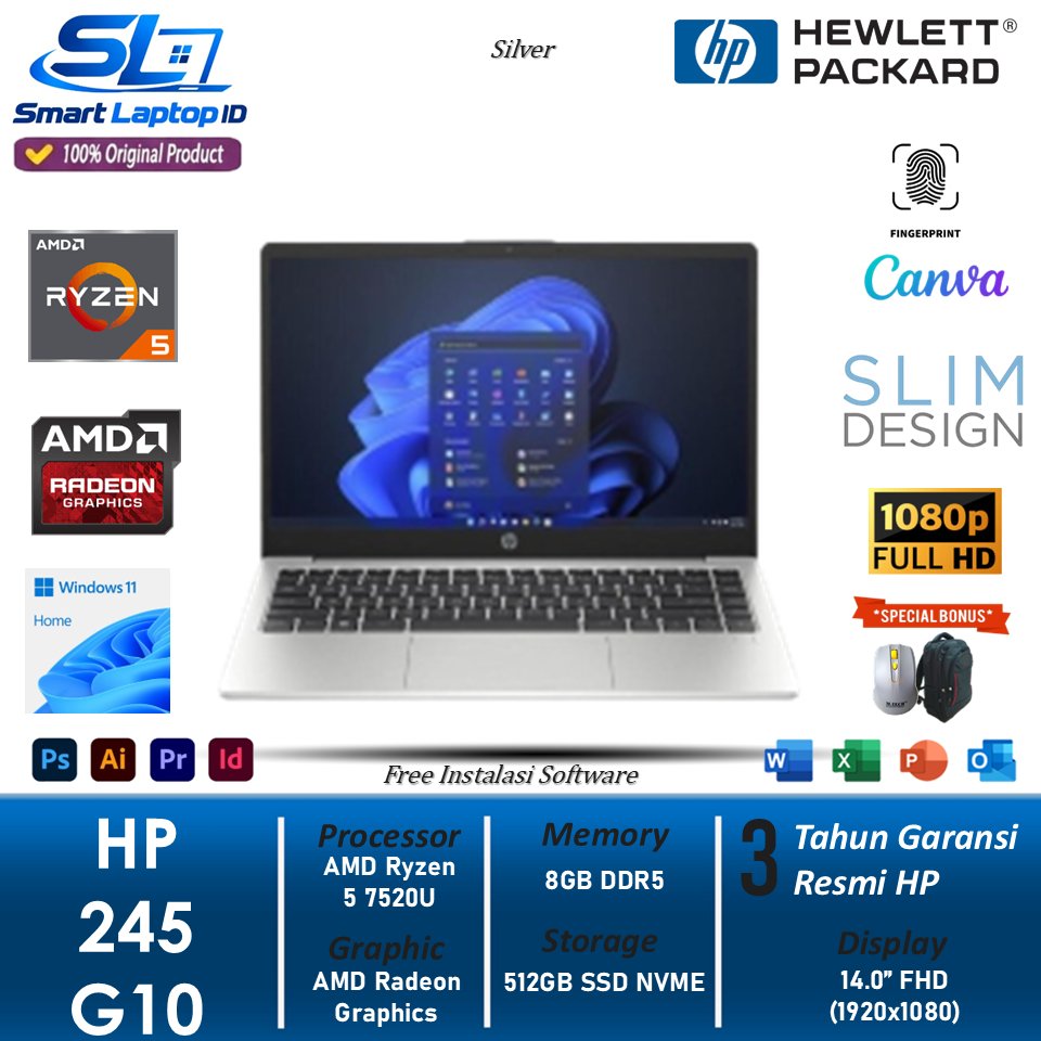 Laptop HP 245 G10 Amd Ryzen 5 7520U 8GB 512GB 14.0 Full HD Windows 11 Home