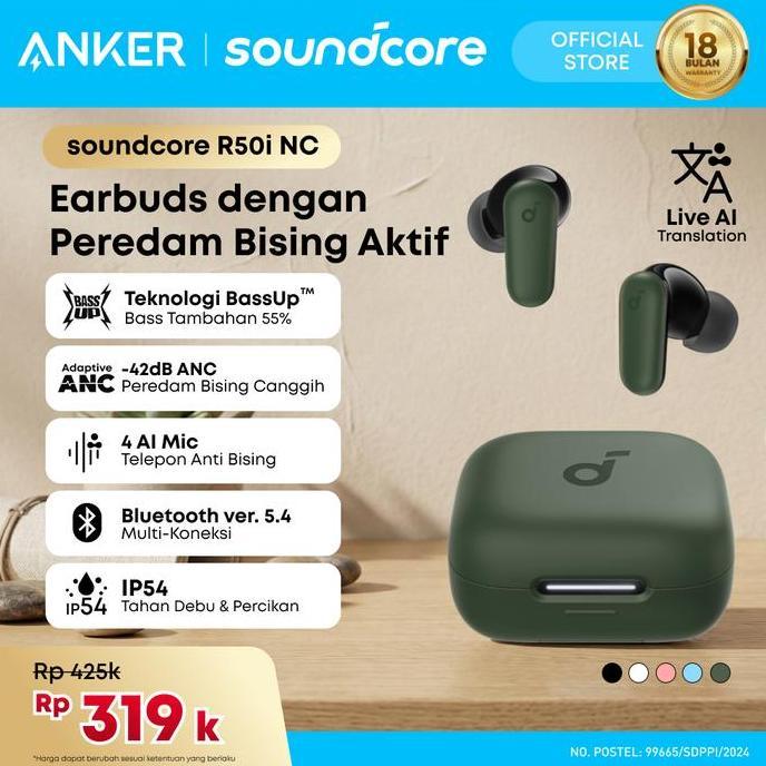 Anker soundcore Anker R50i NC Earbuds Adaptive Noise Canceling Headset Earphone Bluetooth 5.4 TWS Low Latency for Game Long Battery 4 Mics IP54 -A3959