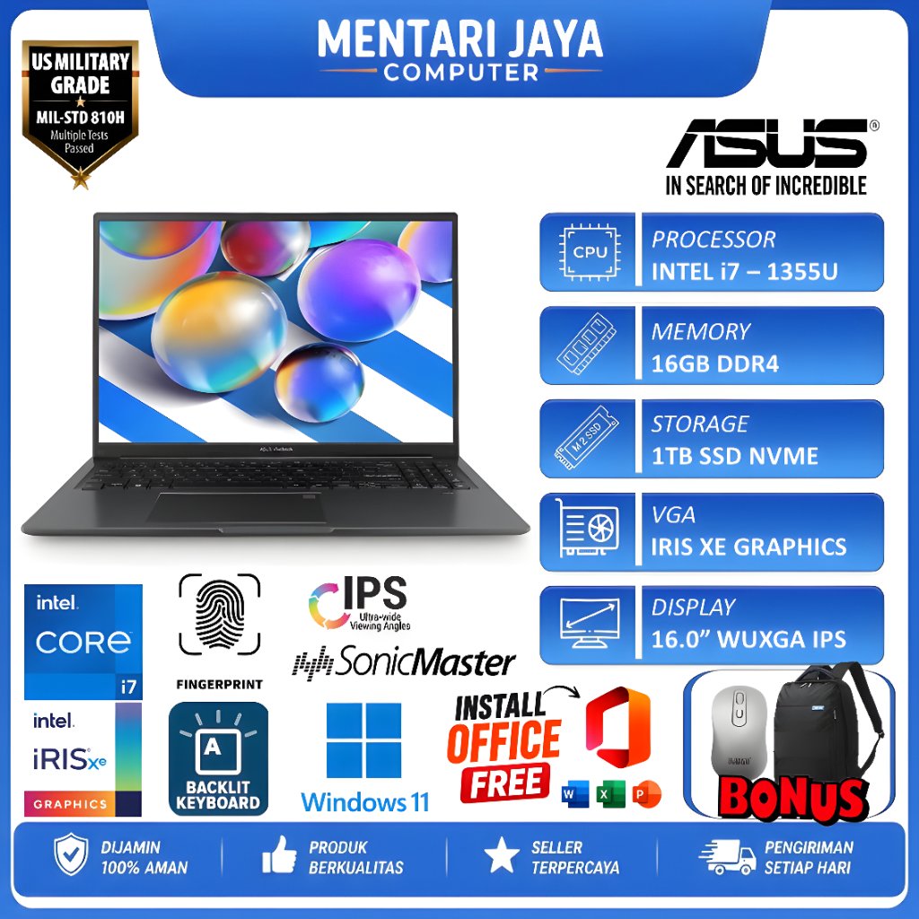 Laptop ASUS Vivobook 16 F1605VA Intel Core i7-1355U RAM 16GB-512GB SSD WUXGA IPS Win11