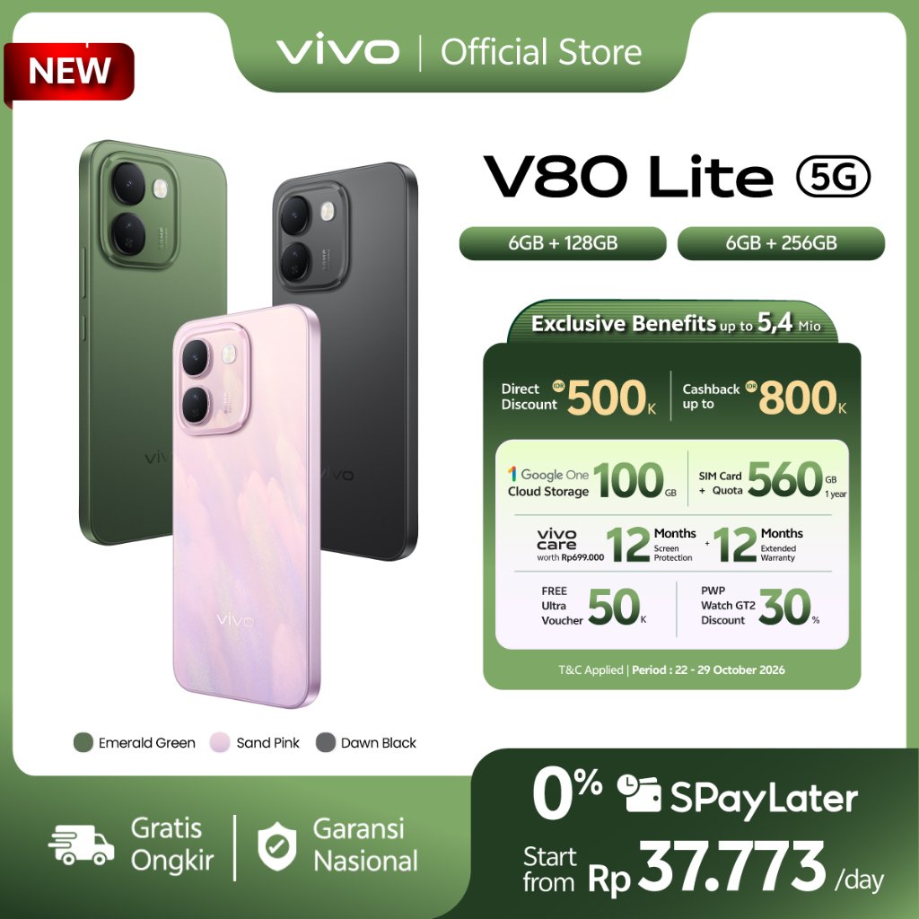Jual [NEW LAUNCH] vivo V80 Lite 5G (6+128 and 6+256), 10,000mAh Battery, Fresh & Smooth OriginOS, 1.5K High-Brightness AMOLED, 32MP Wide Selfie + 50MP Sony AI Camera | Shopee Indonesia