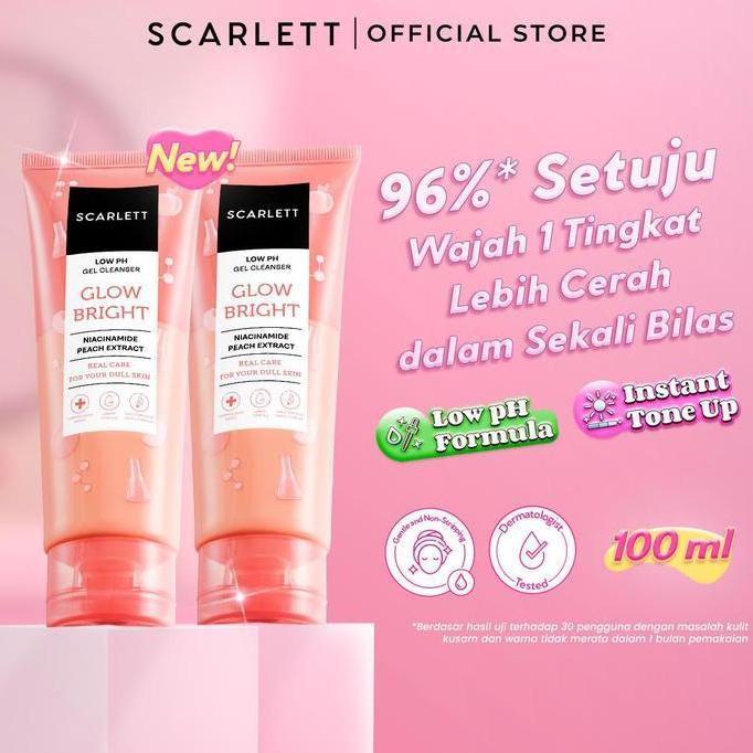 SCARLETT Low pH Gel Cleanser - Glow Bright / Acne Peace Facial Wash Gentle Formula, Kulit Tidak Ketarik, Low pH Sensitive Skin Friendly, Repair Skin Barrier, Mencerahkan Wajah, Niacinamide & Peach Extract Scarlett Official Store